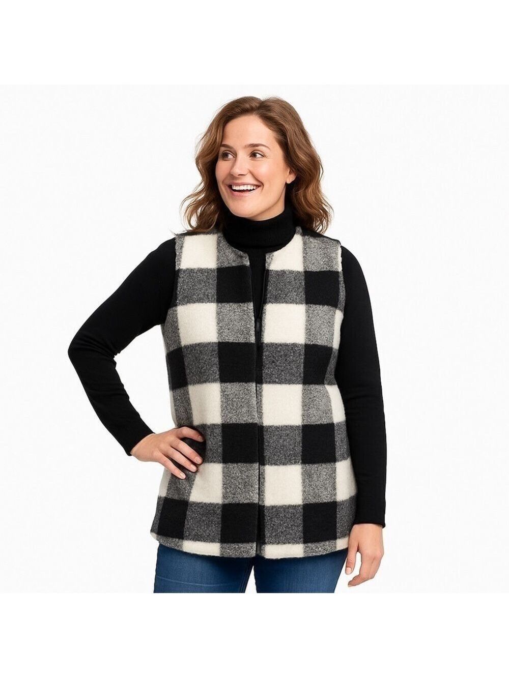 TALBOTS Women's Faux Fur Black, Gray, & White Buffalo Plaid Vest Jacket Size M
